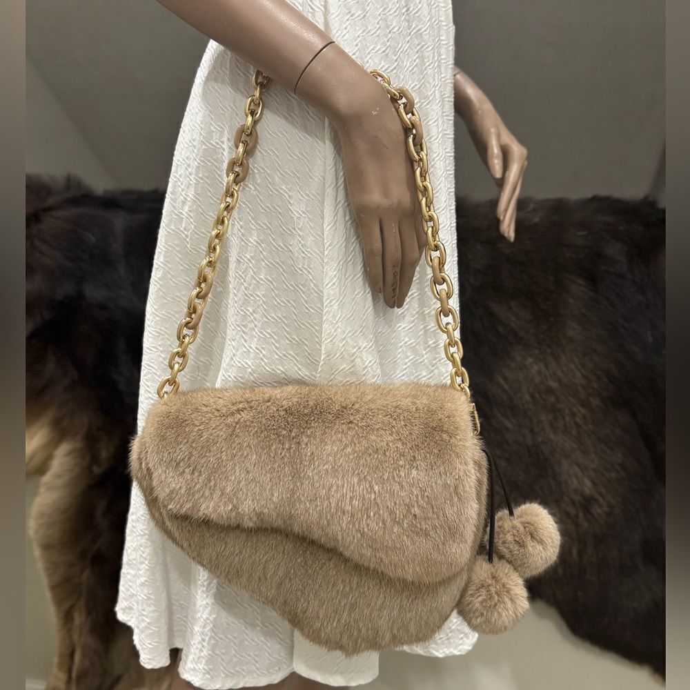 Natural Mink Fur Handmade Asymmetric Saddle Bag/Crossbody & 2 Mink Fur Charm - Picture 3 of 16